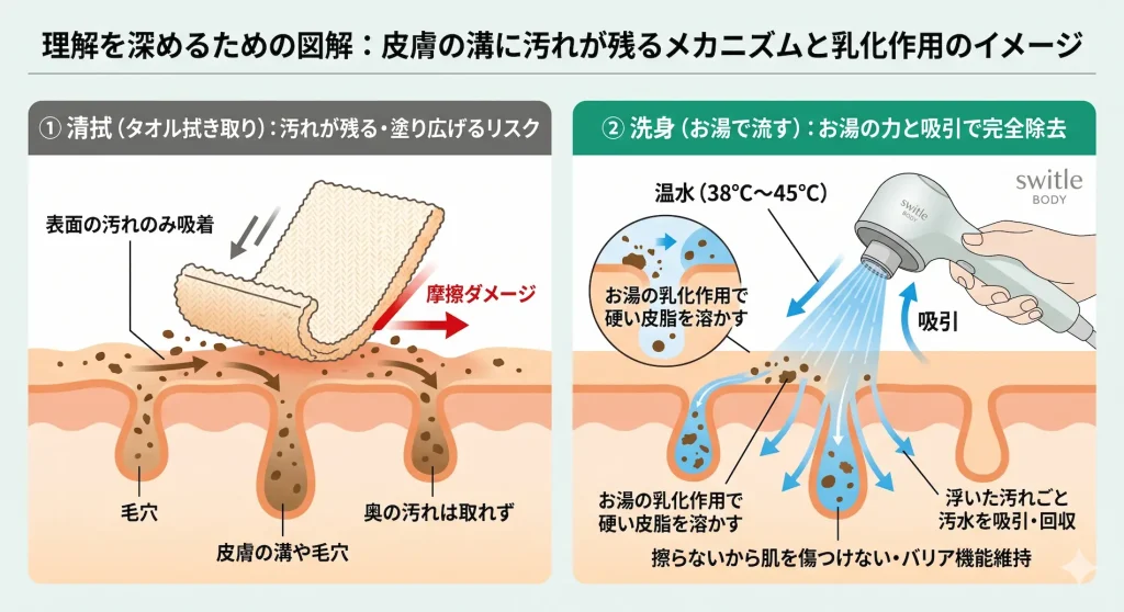 介護での「清拭（拭くこと）」と「洗身（洗うこと）」の洗浄効果の違いを皮膚科学の視点から解説。タオルでは落ちない毛穴汚れやニオイの原因を、お湯で浮かせる（乳化作用）＋即座に吸い取るというプロセスにより、約1リットルの水でスッキリと取り去る方法を紹介。1℃単位の温度調整で肌に優しく、褥瘡予防にも繋がる最新ケア。