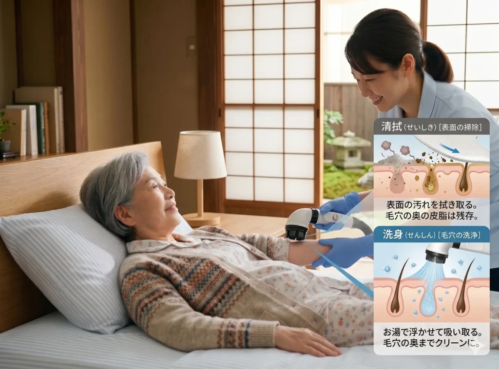 清拭(表面の掃除)とスイトルボディによる洗身(毛穴の洗浄)の違いを図解。タオルで拭くだけでは残る毛穴の皮脂を、お湯で浮かせて吸い取るメカニズムの解説と、ケアを受ける高齢者の様子
