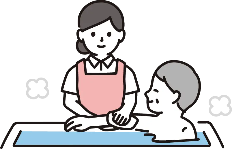 寝たきりの方の入浴介助を行う様子のイラスト