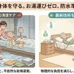従来の清潔ケアにおける重いお湯の運搬や不自然な前傾姿勢による腰痛リスクと、スイトルボディ導入による大幅な負担軽減効果の比較イラスト。物理的な重労働が削減され、介護者が身体を壊さずにケアできるメリットを表現しています。