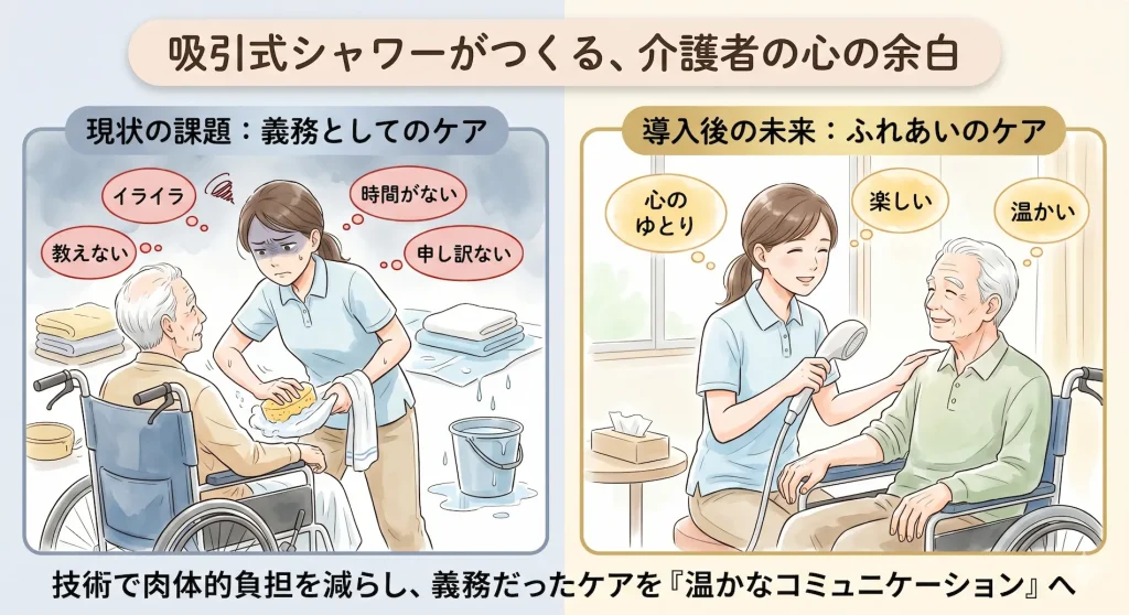 介護の負担軽減による心のゆとりの変化を描いた比較イラスト。左側は従来の清拭作業でイライラや時間不足を感じる介護者の姿、右側は吸引式シャワー導入で肉体的負担が減り、利用者と笑顔で温かなコミュニケーションをとる姿。
