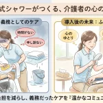 介護の負担軽減による心のゆとりの変化を描いた比較イラスト。左側は従来の清拭作業でイライラや時間不足を感じる介護者の姿、右側は吸引式シャワー導入で肉体的負担が減り、利用者と笑顔で温かなコミュニケーションをとる姿。