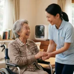 明るいリビングで、最新の介護用品を活用して心にゆとりを持ち、笑顔で高齢女性に寄り添う介護スタッフの様子