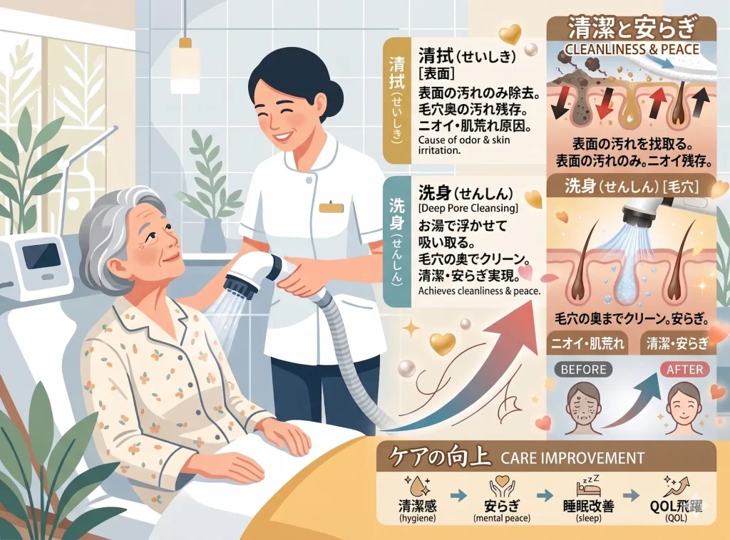 スイトルボディによるお湯の洗浄ケアがもたらすQOL向上の図解。清拭と洗身の違い、精神的安らぎから睡眠改善、尊厳の保持に繋がるステップを解説したイラスト