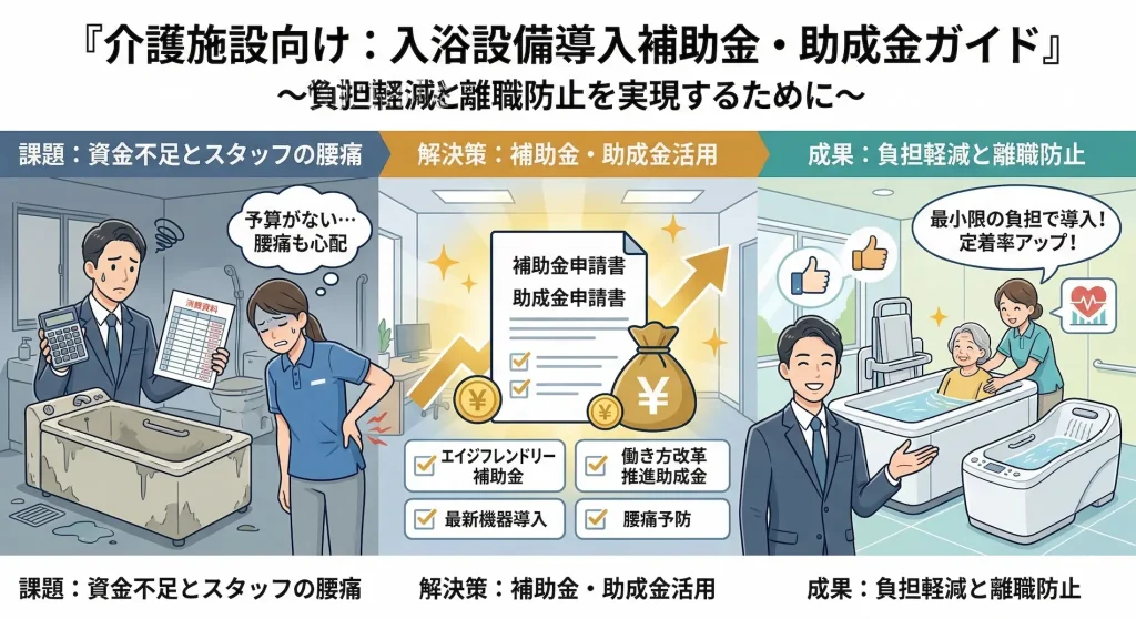 法人向けの介護保険・補助金を活用した入浴支援機器（スイトルボディ）の導入による、経営課題解決、スタッフ離職防止、コスト削減、業務効率化の解説マニュアル。エイジフレンドリー補助金など。