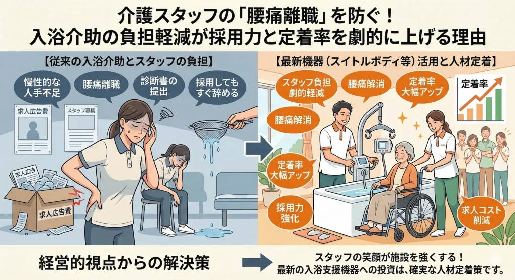 介護スタッフの入浴介助による腰痛をスイトルボディ導入で防ぎ、離職防止、採用力強化、人材定着を実現する経営戦略の解説マニュアル。