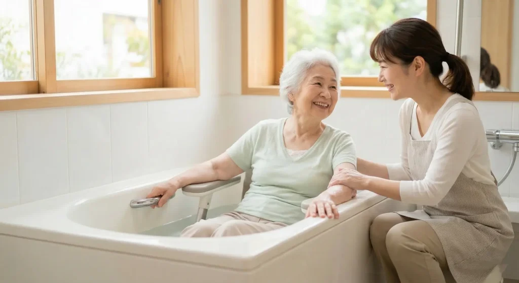 在宅介護における入浴の解決策比較表。浴室リフォーム、訪問入浴、入浴支援機器(スイトルボディ等)の費用・工事・メリットの違いをまとめています。