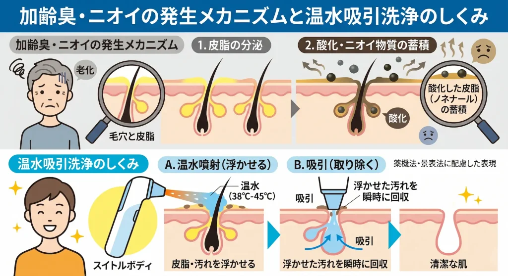 介護の加齢臭（ノネナール）やニオイが発生する毛穴のメカニズムと、温水吸引洗浄による汚れ除去プロセスの比較図解。