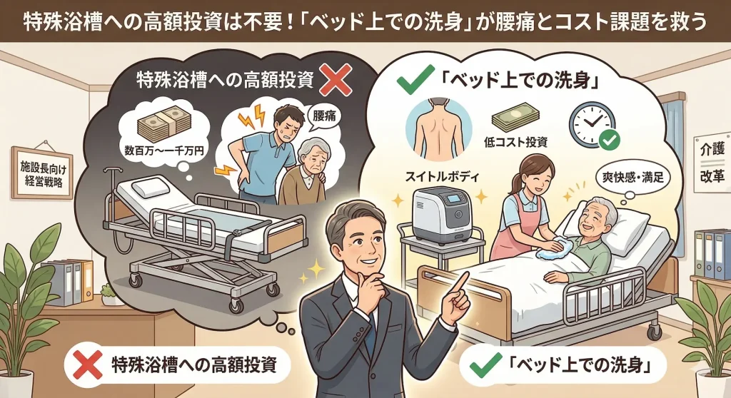 介護施設長向けの経営戦略図解。高額な投資（数百万～一千万円）とスタッフの腰痛リスクを伴う「特殊浴槽」と、低コストで導入でき、スタッフの負担軽減と高齢者の爽快感・満足を実現する洗身機「スイトルボディ」による「ベッド上での洗身」を比較したイラスト。中央の男性は施設長。