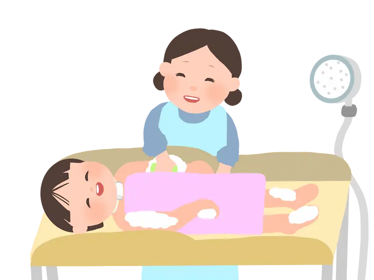 重症心身障害児の体を洗う母親・入浴介助の様子(イラスト)