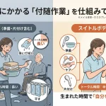 従来の清拭におけるお湯の準備、大量のタオルの用意、洗濯、干すといった複雑な工程と、スイトルボディ導入による大幅な時短効果の比較イラスト。付随作業が削減され、トータル時間が半分以下になるメリットを表現しています。