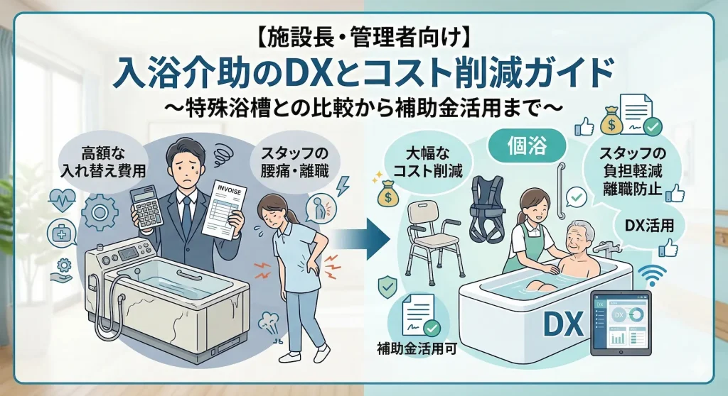 介護施設の施設長向け「入浴介助DXとコスト削減ガイド」のインフォグラフィック。左側は、古い特殊浴槽（機械浴）による高額な入れ替え費用と、スタッフの腰痛・離職の問題点。右側は、個浴への転換、介助機器、タブレット（DX）、補助金を活用した解決策と、大幅なコスト削減、負担軽減の対比図。