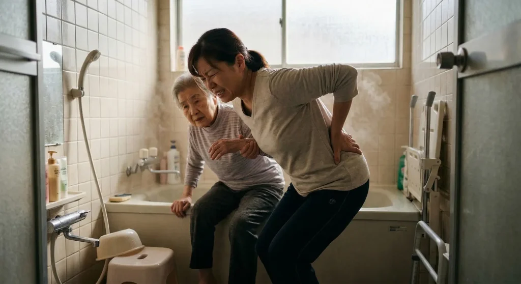 日本の浴室で、湯気の中、高齢女性を浴槽から移動させようとして腰痛で苦しむ介助者と、心配そうな高齢女性。入浴介助の身体的負担を表すシーン。