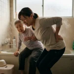 日本の浴室で、湯気の中、高齢女性を浴槽から移動させようとして腰痛で苦しむ介助者と、心配そうな高齢女性。入浴介助の身体的負担を表すシーン。