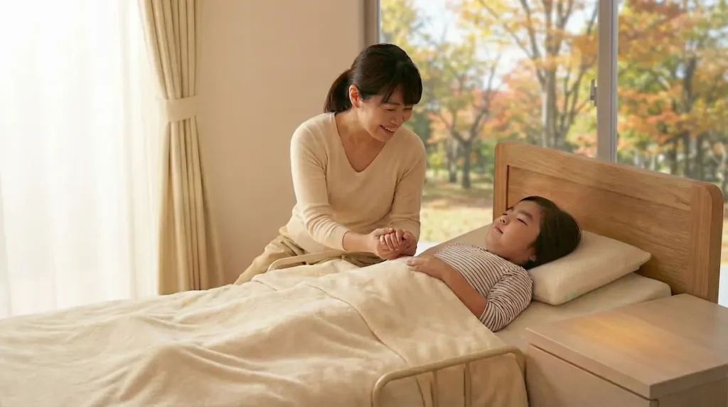 夏のあせもや冬の湯冷めを防ぐ、移動しない入浴ケアで快適に過ごす寝たきりのお子様と母親