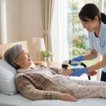 スイトルボディの専用ヘッドを使い、ベッドの上で高齢女性の腕を優しく洗浄・吸引してニオイの元となる汚れを取り除く介護スタッフの様子