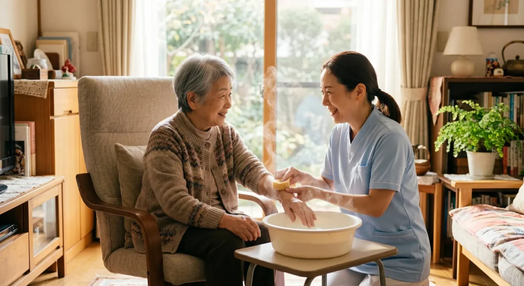 スイトルボディを活用し、リビングでお湯の湯気を感じながら優しく腕の清潔ケアを受ける高齢女性と、笑顔で寄り添う介護スタッフの様子