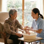 スイトルボディを活用し、リビングでお湯の湯気を感じながら優しく腕の清潔ケアを受ける高齢女性と、笑顔で寄り添う介護スタッフの様子