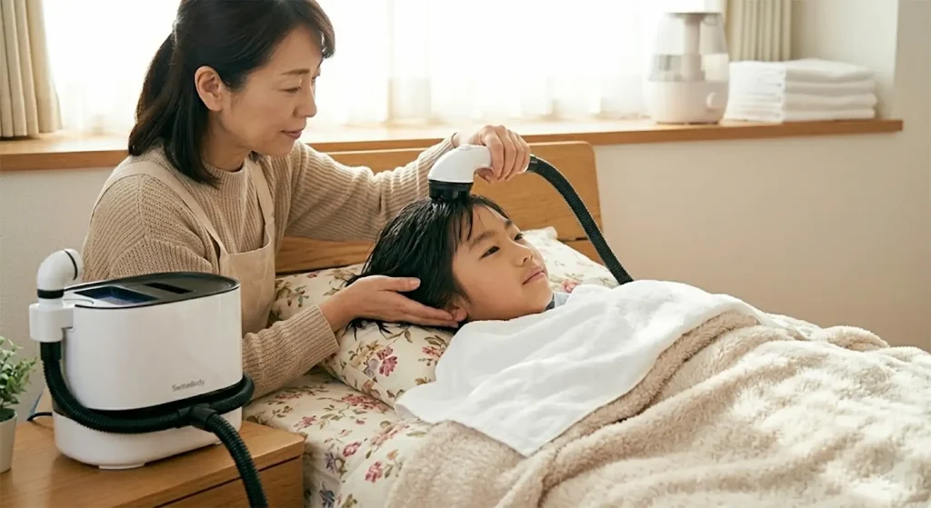 頭皮のベタつきや臭いをスッキリ落とすため、ベッドに寝たままの子どもの髪をスイトルボディで優しく洗う母親