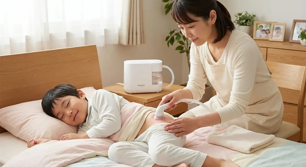 床ずれ（褥瘡）の予防とケアのため、ベッドに寝たままの子どものデリケートなお尻の赤みを、スイトルボディでこすらず優しく洗い流す母親