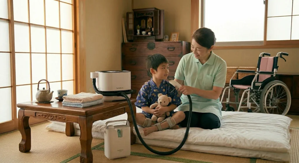 訪問入浴の利用が難しい狭いお部屋でも、布団1枚分のスペースで障害のある子どもにスイトルボディを使って自宅シャワー浴をする母親