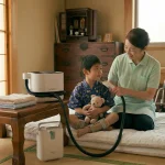 訪問入浴の利用が難しい狭いお部屋でも、布団1枚分のスペースで障害のある子どもにスイトルボディを使って自宅シャワー浴をする母親