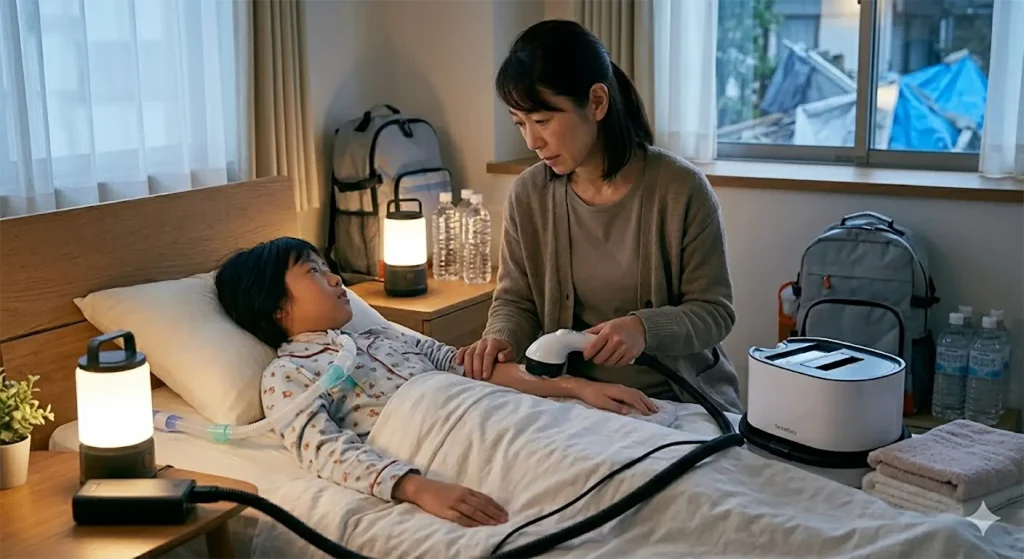 停電や断水を伴う災害時の在宅避難を想定し、ランタンの灯りの中、少ない水で使えるスイトルボディで寝たきりの子どもの体を優しく洗う母親