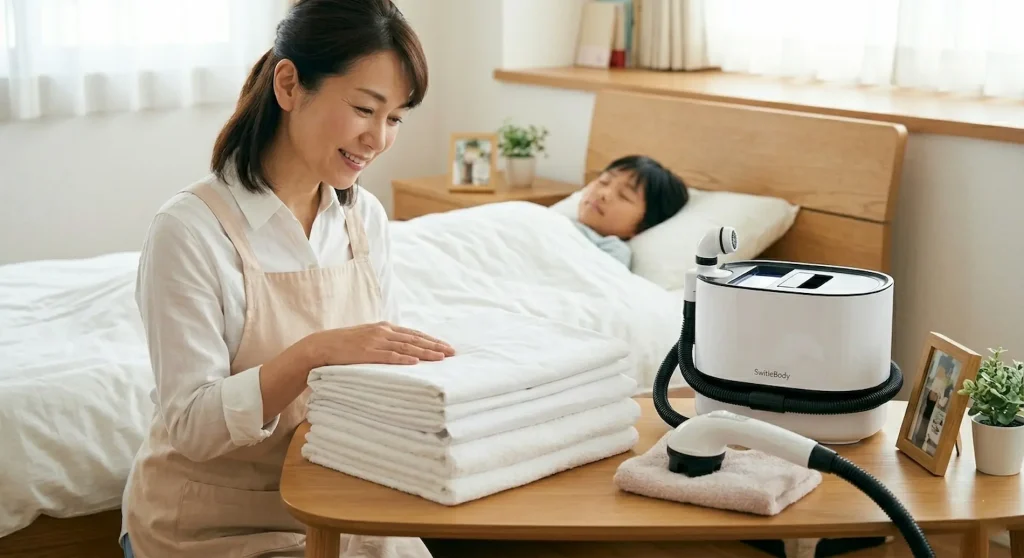 寝たきりの子どもの衛生を守るため、ベッド上で手のひらの汚れをスイトルボディで優しく部分洗いする母親