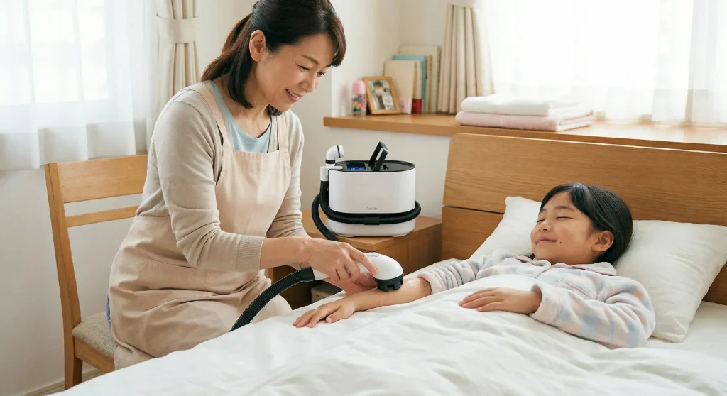 在宅介護でスイトルボディを使い、寝たきりの子どもの腕を優しく部分洗いする母親