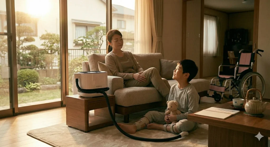 成長した肢体不自由の子どもをお風呂へ抱え上げる腰の負担をなくし、リビングでスイトルボディを活用して穏やかに過ごす親子