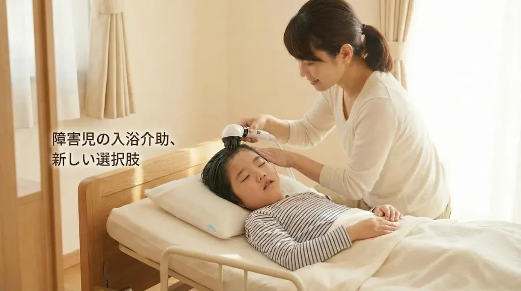 ベッドに寝たきりの重症心身障害児へ、スイトルボディを使って優しく洗髪している入浴介助の様子