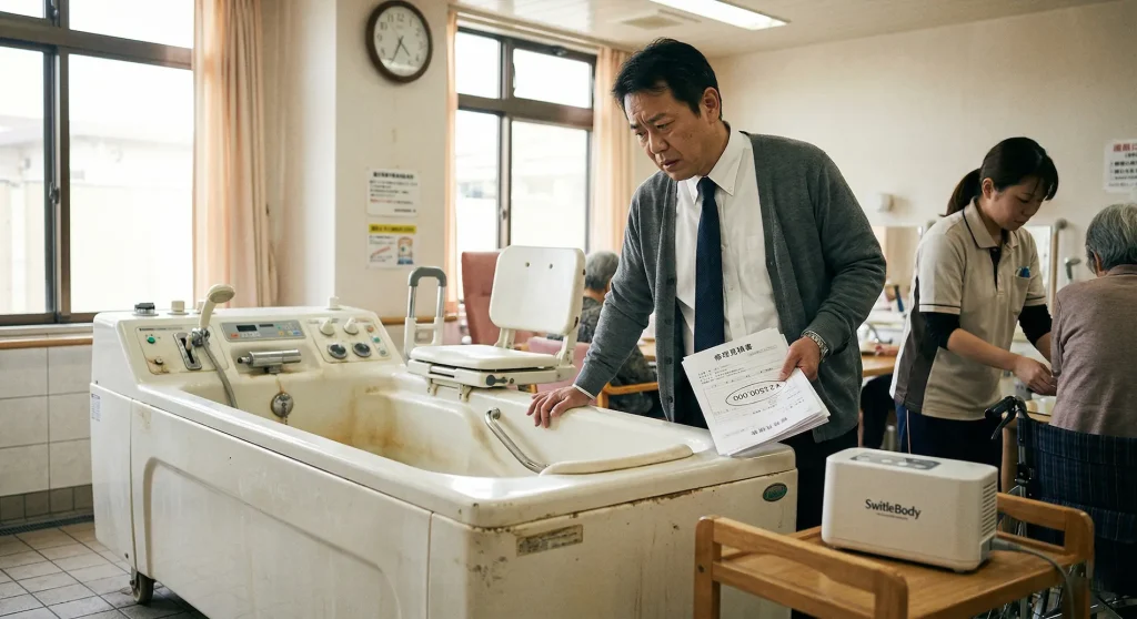 老朽化した特殊浴槽（機械浴）の高額な入れ替え費用の見積書を見て悩む施設長と、第3の選択肢となるスイトルボディ