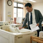 老朽化した特殊浴槽（機械浴）の高額な入れ替え費用の見積書を見て悩む施設長と、第3の選択肢となるスイトルボディ