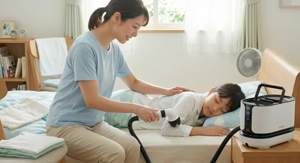 夏のあせも対策として、ベッドに寝たままの子どもの背中をスイトルボディで優しく洗い流す母親