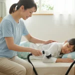 夏のあせも対策として、ベッドに寝たままの子どもの背中をスイトルボディで優しく洗い流す母親