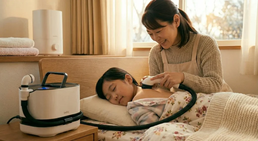 冬のヒートショックや湯冷め対策として、暖かい部屋のベッドに寝たままの子どもの背中をスイトルボディで洗う母親