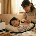 冬のヒートショックや湯冷め対策として、暖かい部屋のベッドに寝たままの子どもの背中をスイトルボディで洗う母親