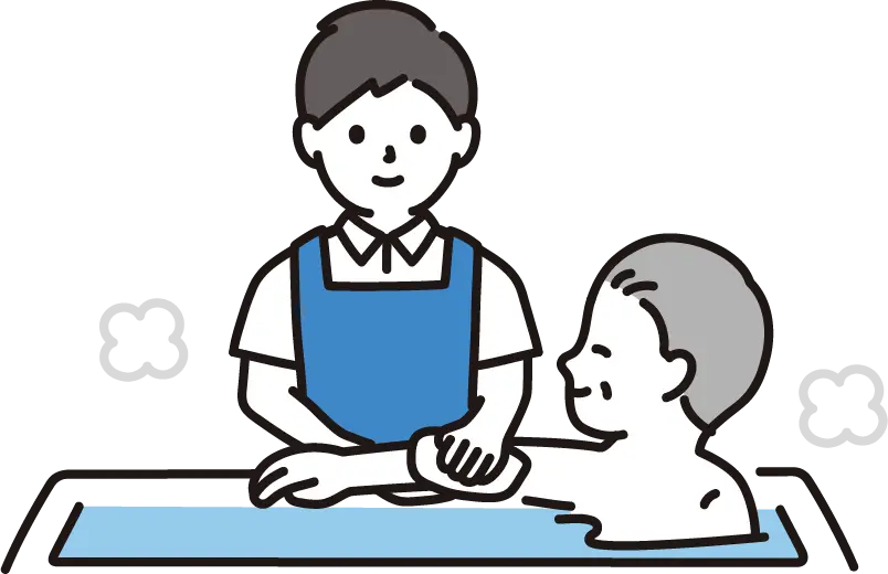自力で立てない方への入浴介助（座位での洗身）のイラスト